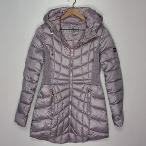 Bernardo EcoPlume Hooded Packable Quilted Jacket Womens S Purple Rose Gold Zip